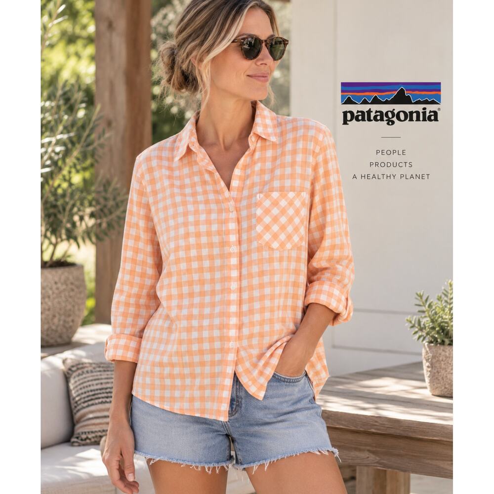 Patagonia Organic Cotton Button Up Shirt Women 14 Orange Gingham Plaid Outdoor
